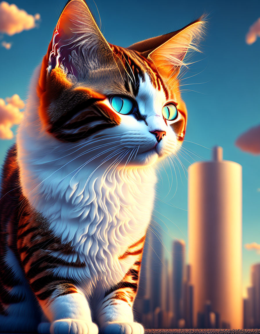 Colorful Stylized Tabby Cat with Blue Eyes in City Skyline Scene