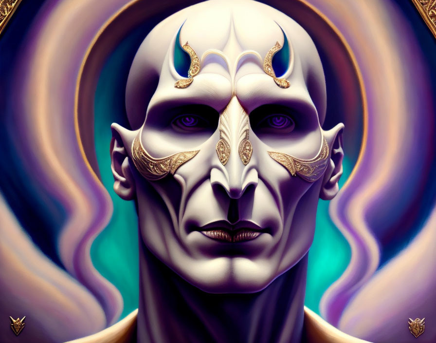 Blue-skinned humanoid with golden facial adornments in mystical aura.