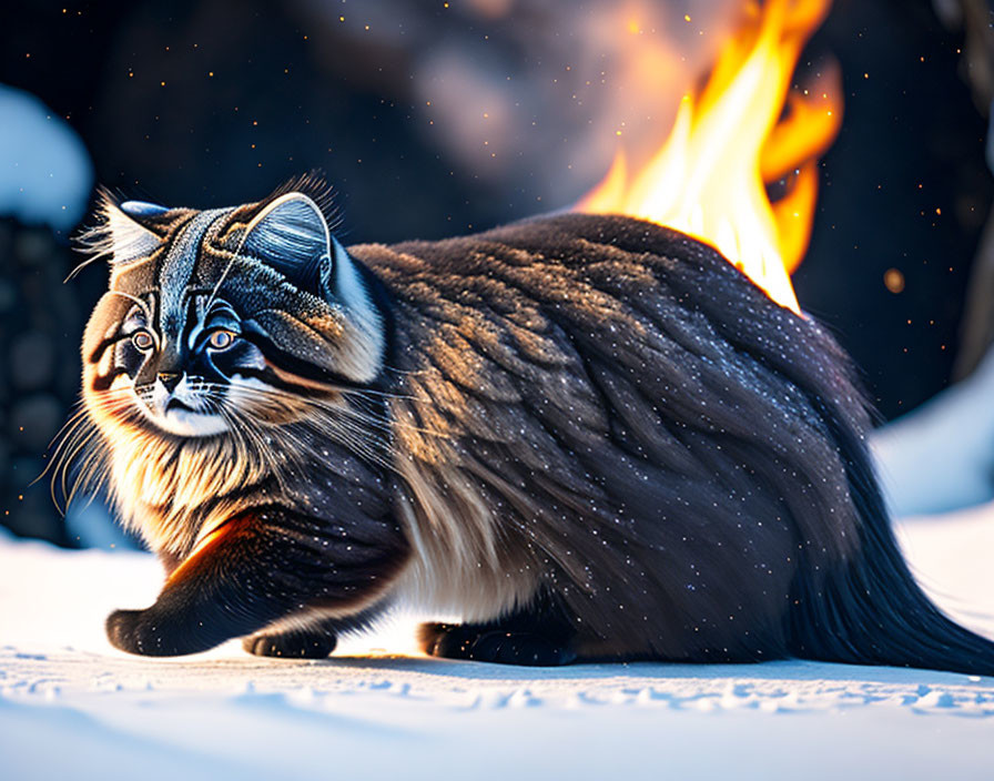 Exaggerated cat with large eyes in snow by small fire