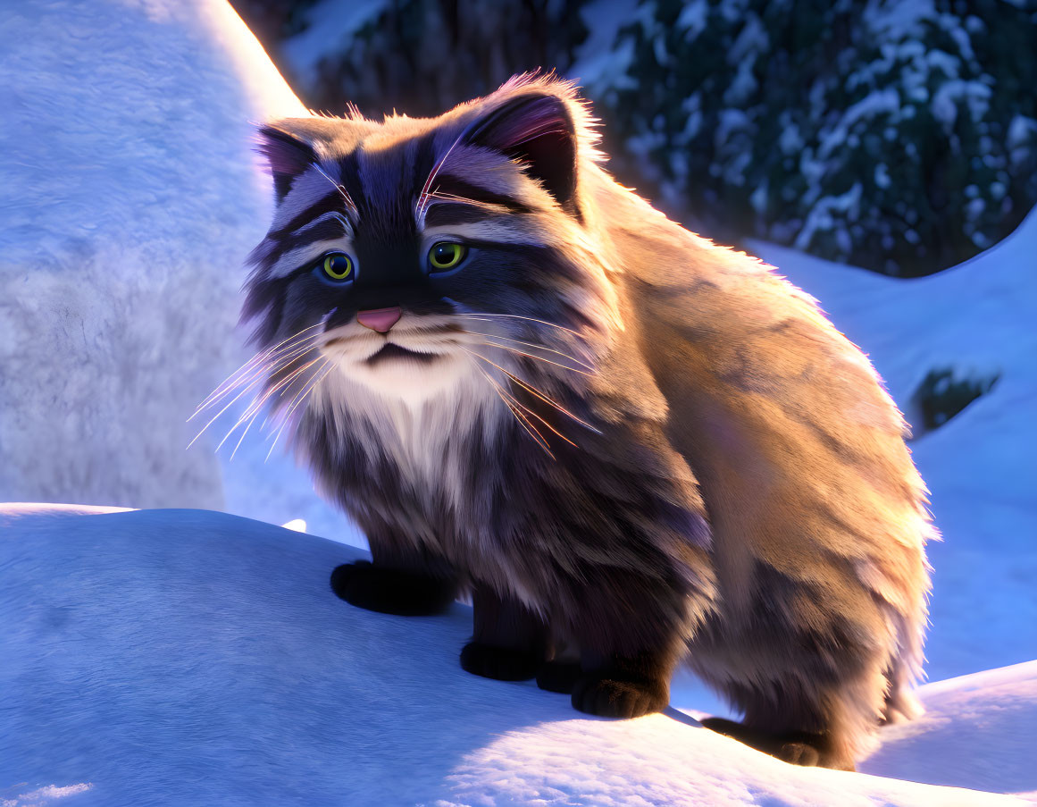 Fluffy animated cat with green eyes in snow-covered twilight landscape