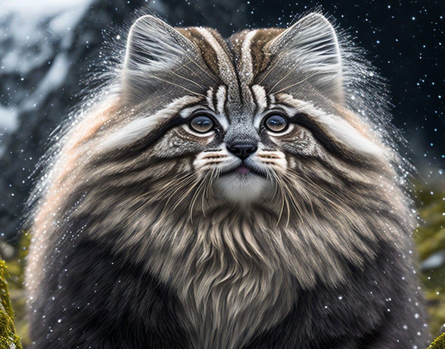 Large-eared wildcat with striking facial markings in falling snowflakes