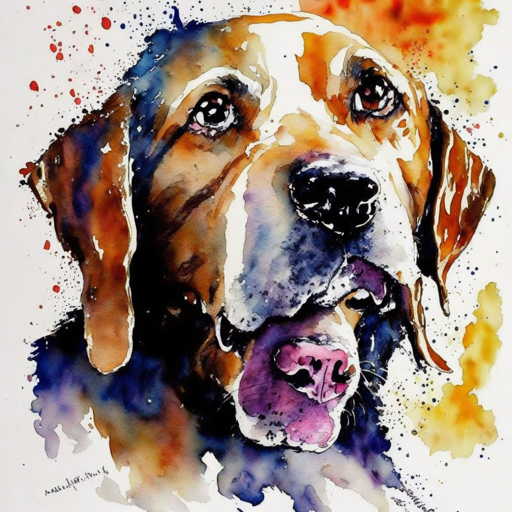 Vibrant Watercolor Painting of a Dog's Head and Shoulders