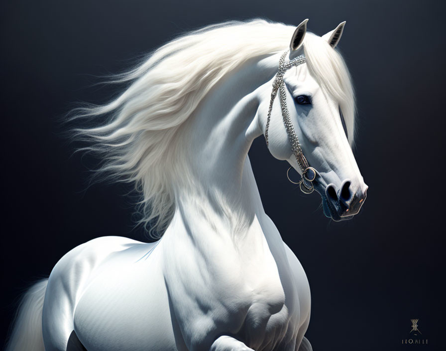 Majestic white horse with flowing mane and silver bridle on dark background