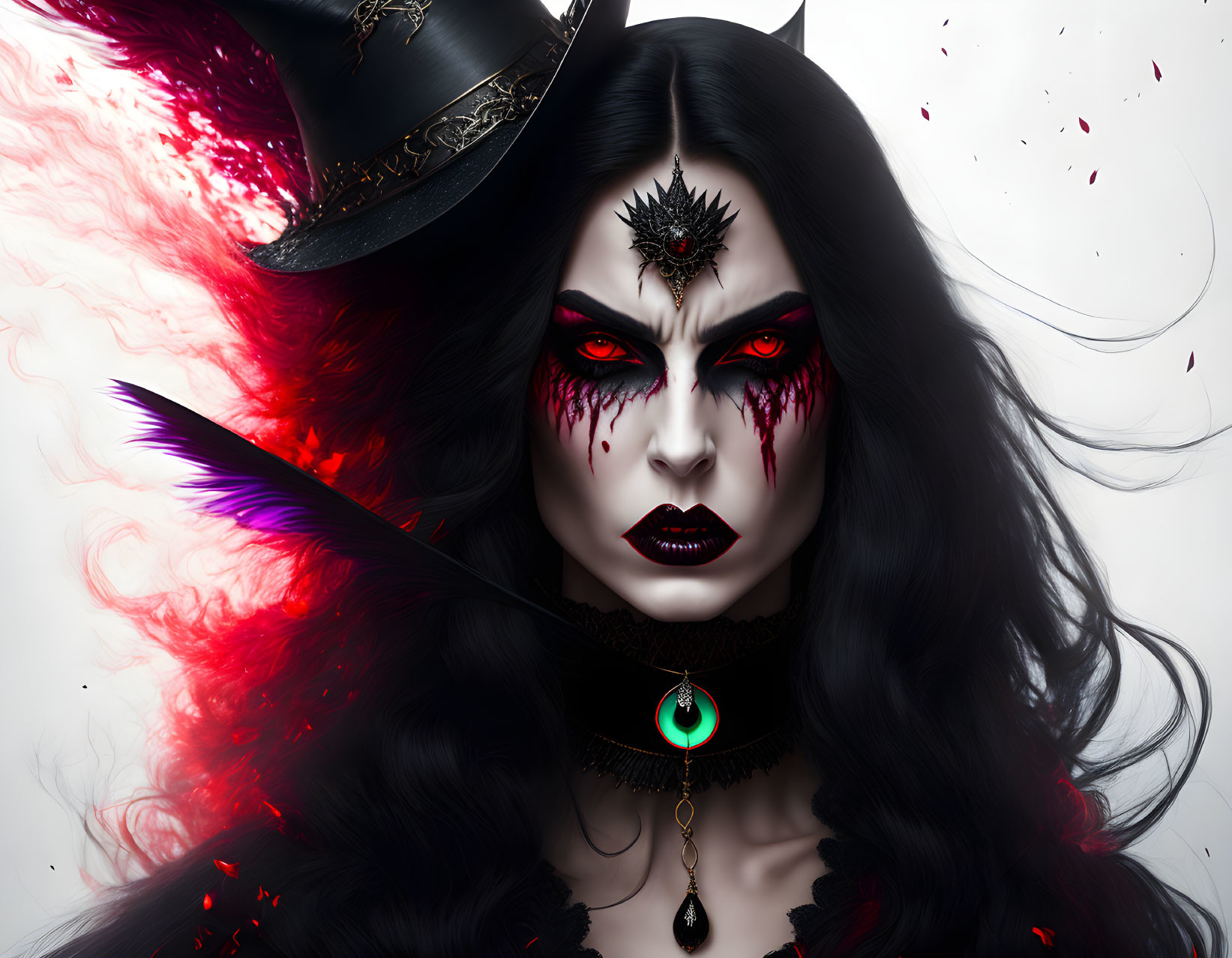 Portrait of woman with vampiric makeup, red eyes, gothic attire, top hat, feathers