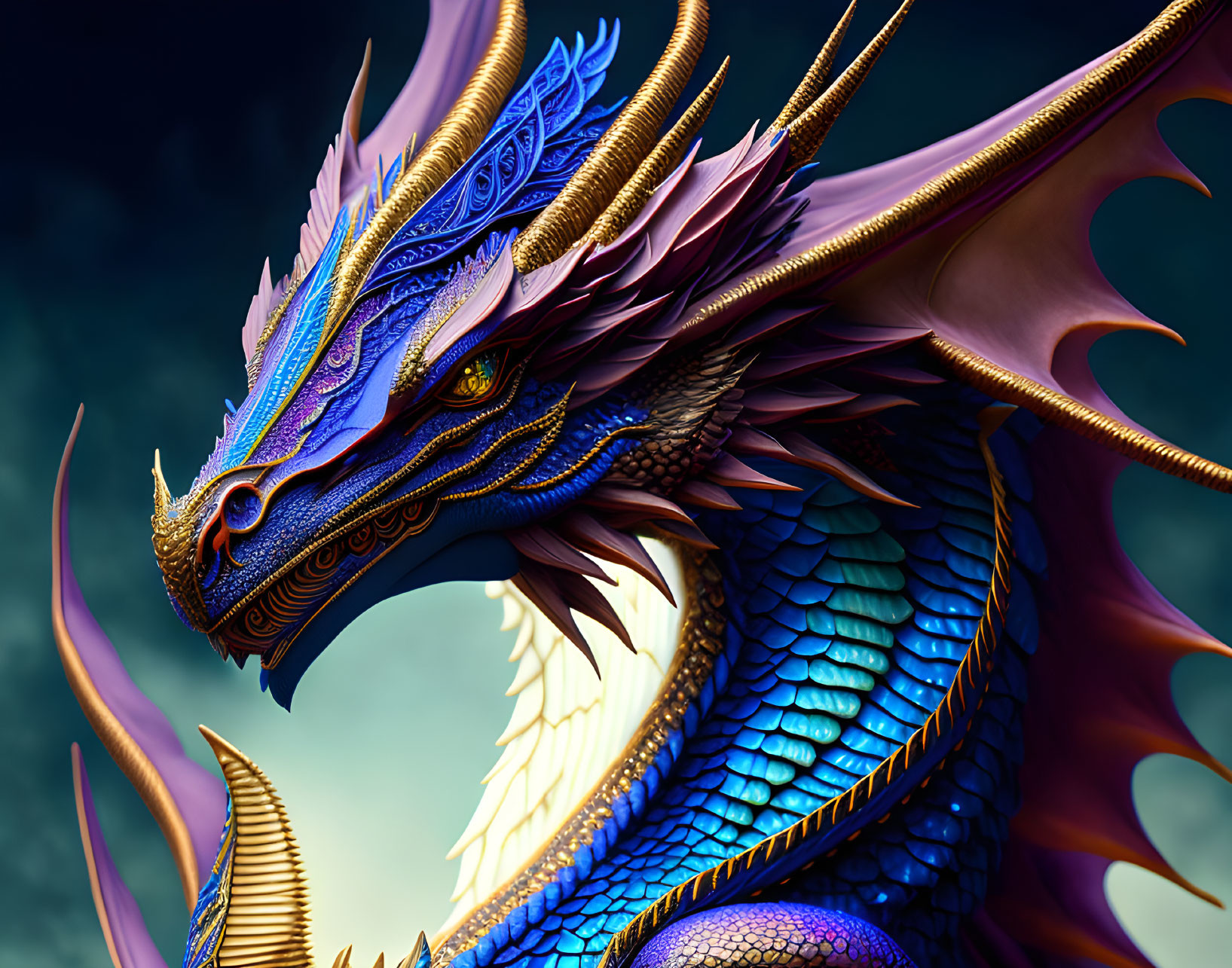 Dragon digital artwork: Blue scales, golden accents, yellow eyes on dark background