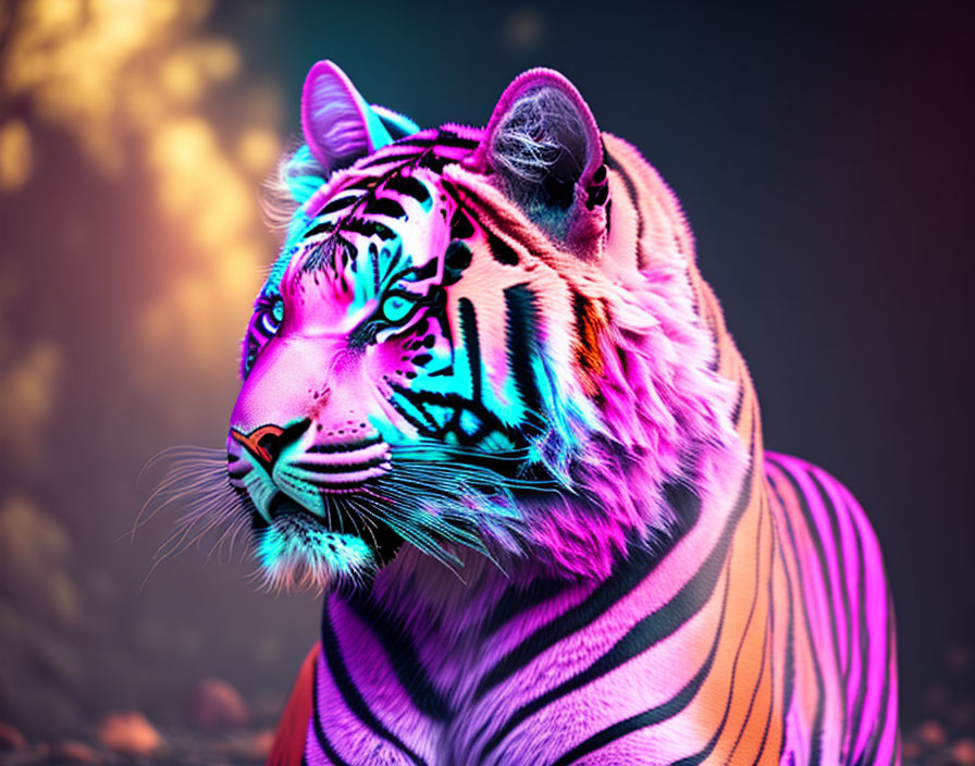 Colorful Neon Tiger Against Dark Bokeh Background