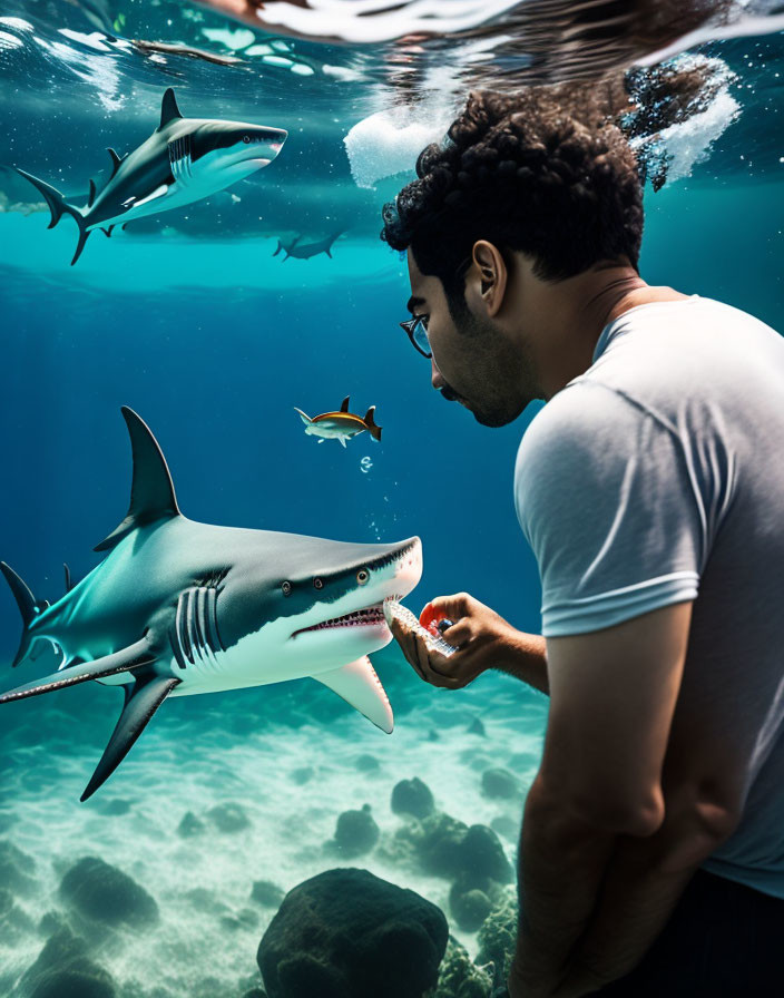 Man observing shark underwater with other marine life in blue ocean.