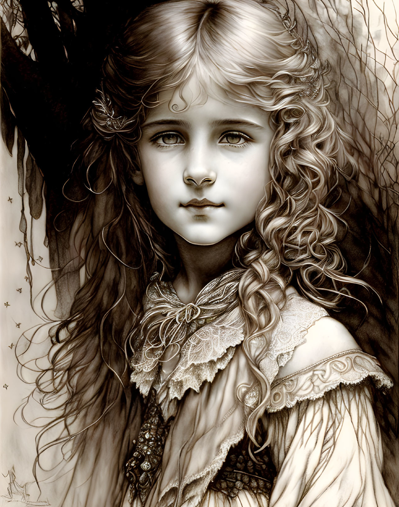 Sepia-Toned Illustration of Young Girl with Wavy Hair and Floral Patterns