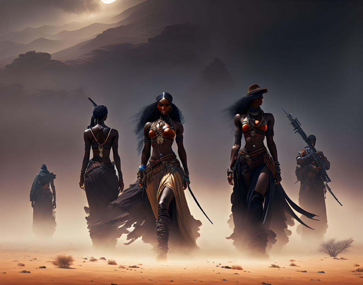 Three stylized futuristic warrior women in desert landscape