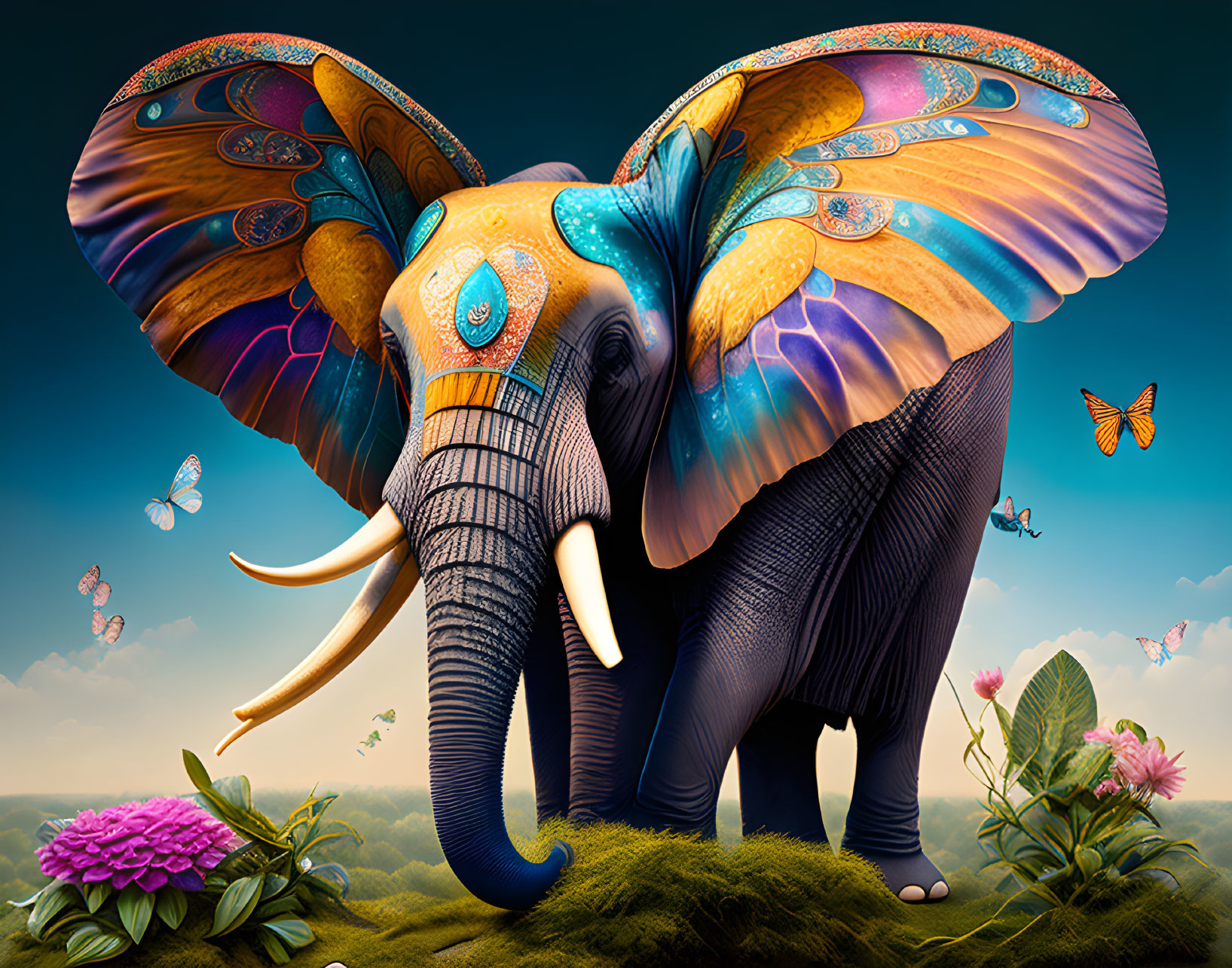 Colorful Elephant with Butterfly Wings on Grassy Terrain