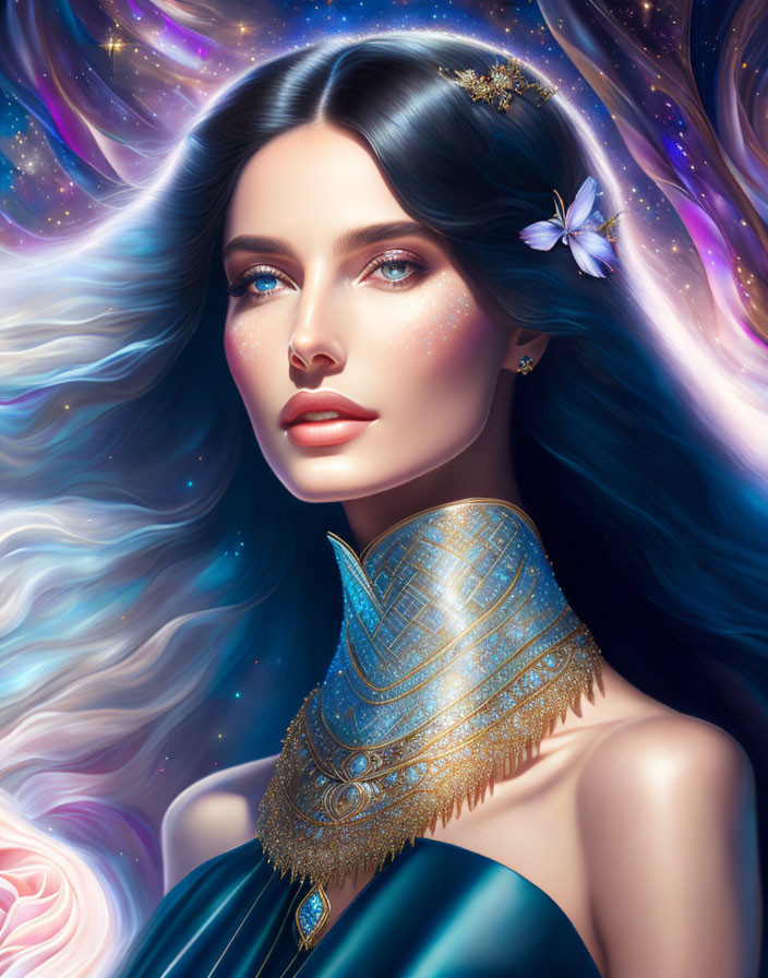 Illustration of woman with blue hair, gold jewelry, blue dress, and flower, emitting mystical vibes