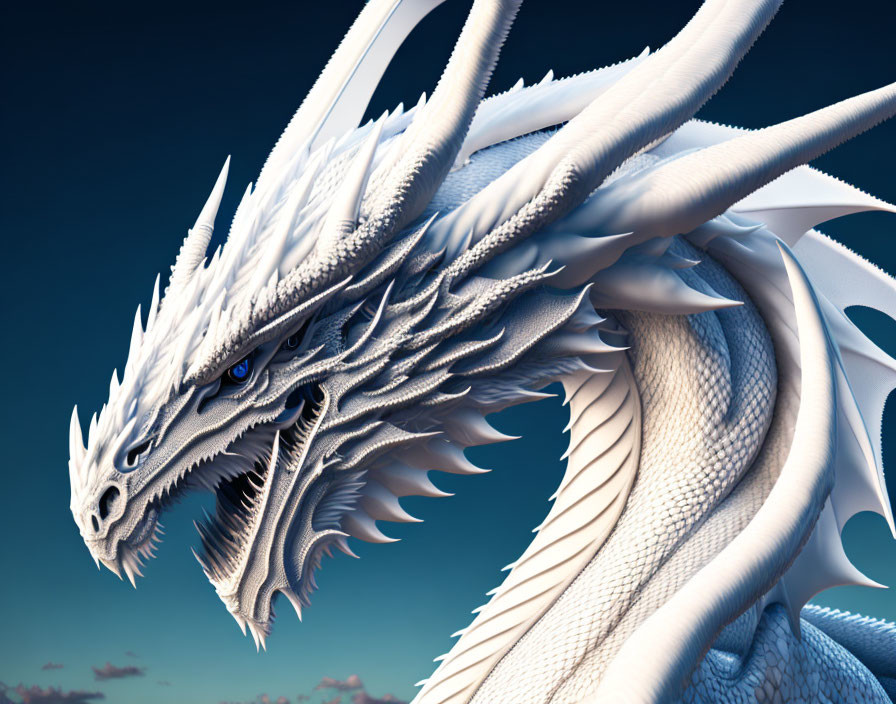 White multi-headed dragon with blue eyes in serene sky