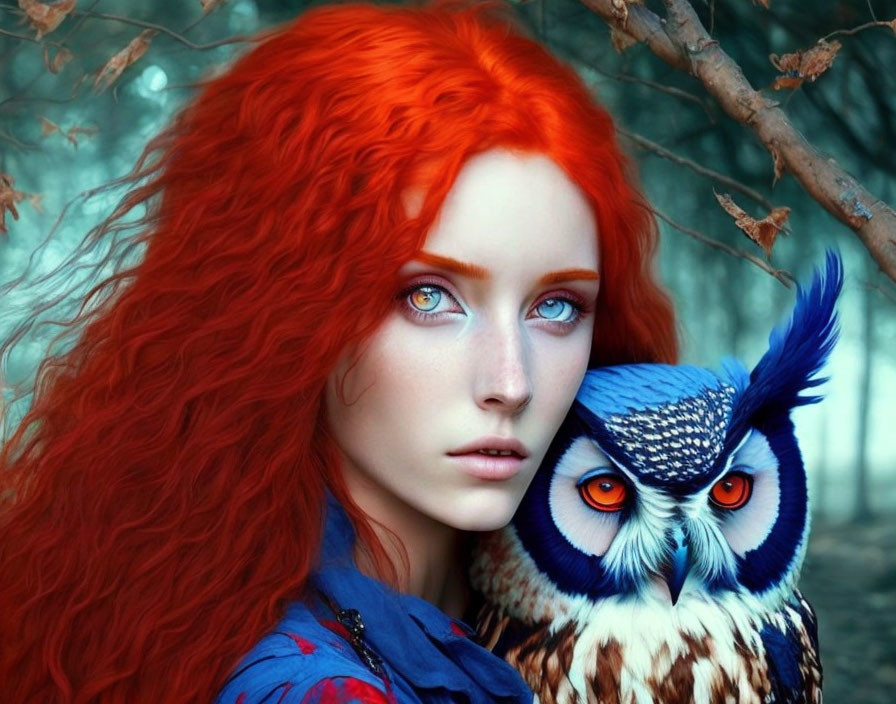 Vibrant red-haired woman with blue-eyed owl in colorful image