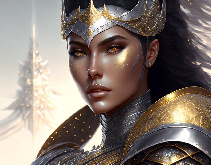 Golden-armored female warrior with detailed crown in soft background