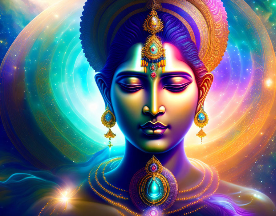 Blue-skinned deity in vibrant digital art with gold jewelry & cosmic backdrop