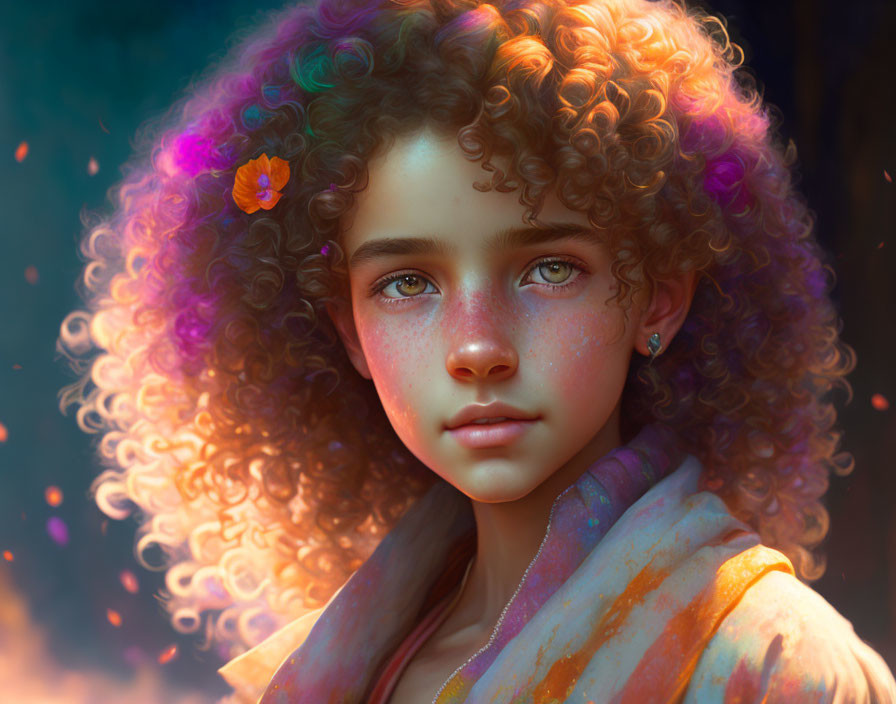 Young girl with curly hair and green eyes in mystical setting.