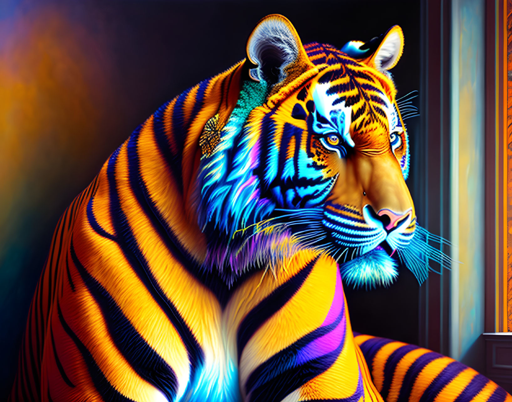 Colorful Tiger Artwork with Neon Stripes on Abstract Background