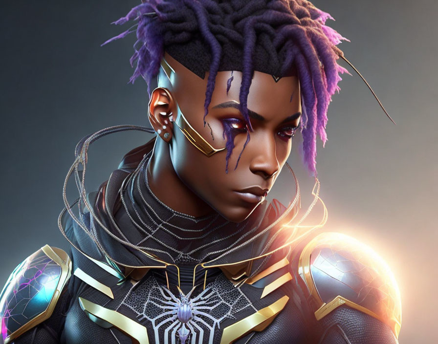 Digital artwork: Person with purple dreadlocks, golden ear accessory, futuristic armor, geometric designs, spider