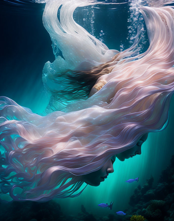 Surreal underwater view of woman with flowing hair and light beams