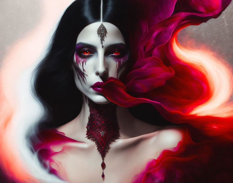 Stylized portrait of woman with dark hair and red eye makeup