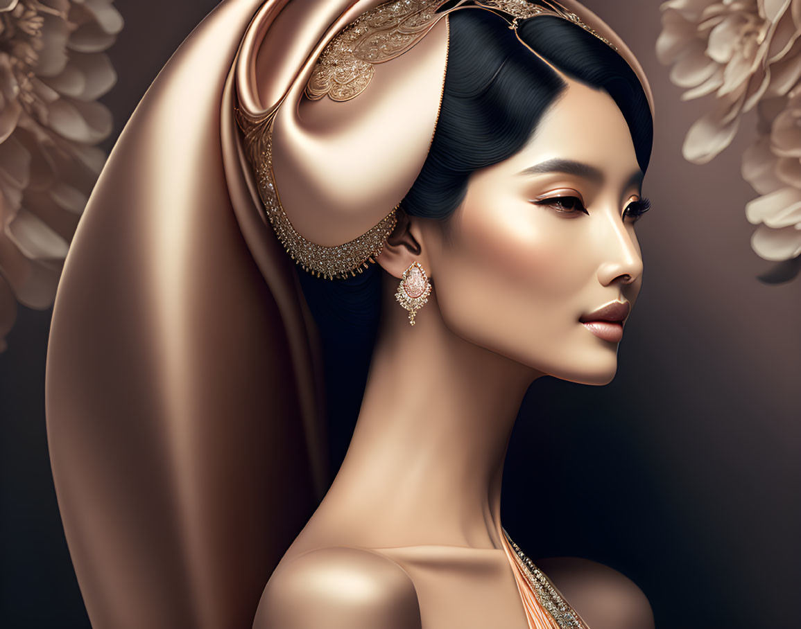 Traditional hairstyle woman portrait with gold jewelry and floral backdrop