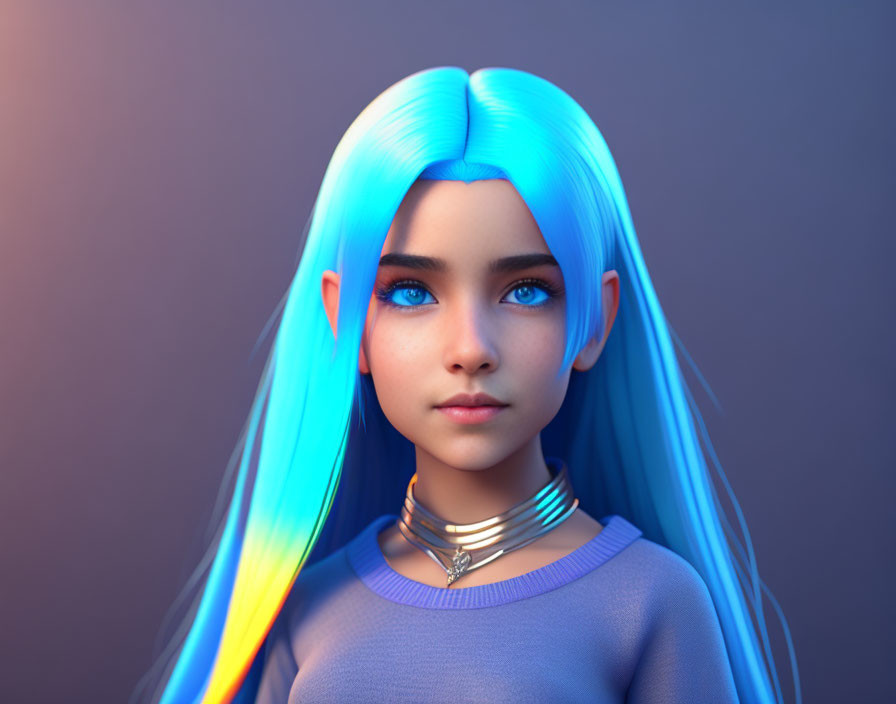 Radiant blue-haired 3D animated character with deep blue eyes in purple top and silver jewelry