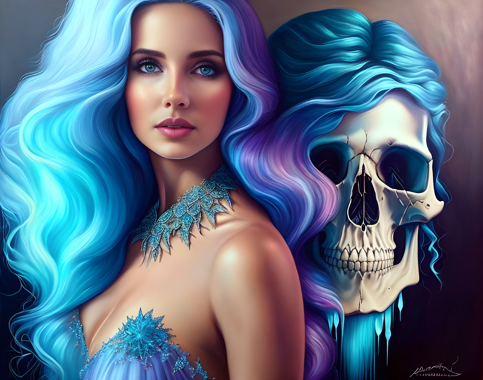 Digital artwork: Woman with vibrant blue hair and jeweled neckline next to a blue-toned skull