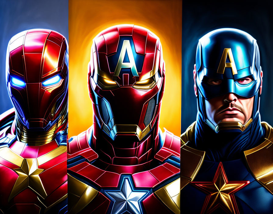 Split superhero helmeted heads: Iron Man, Captain America, another hero.