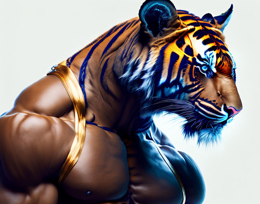 Digital artwork: Tiger-headed human body with muscular physique under dramatic lighting