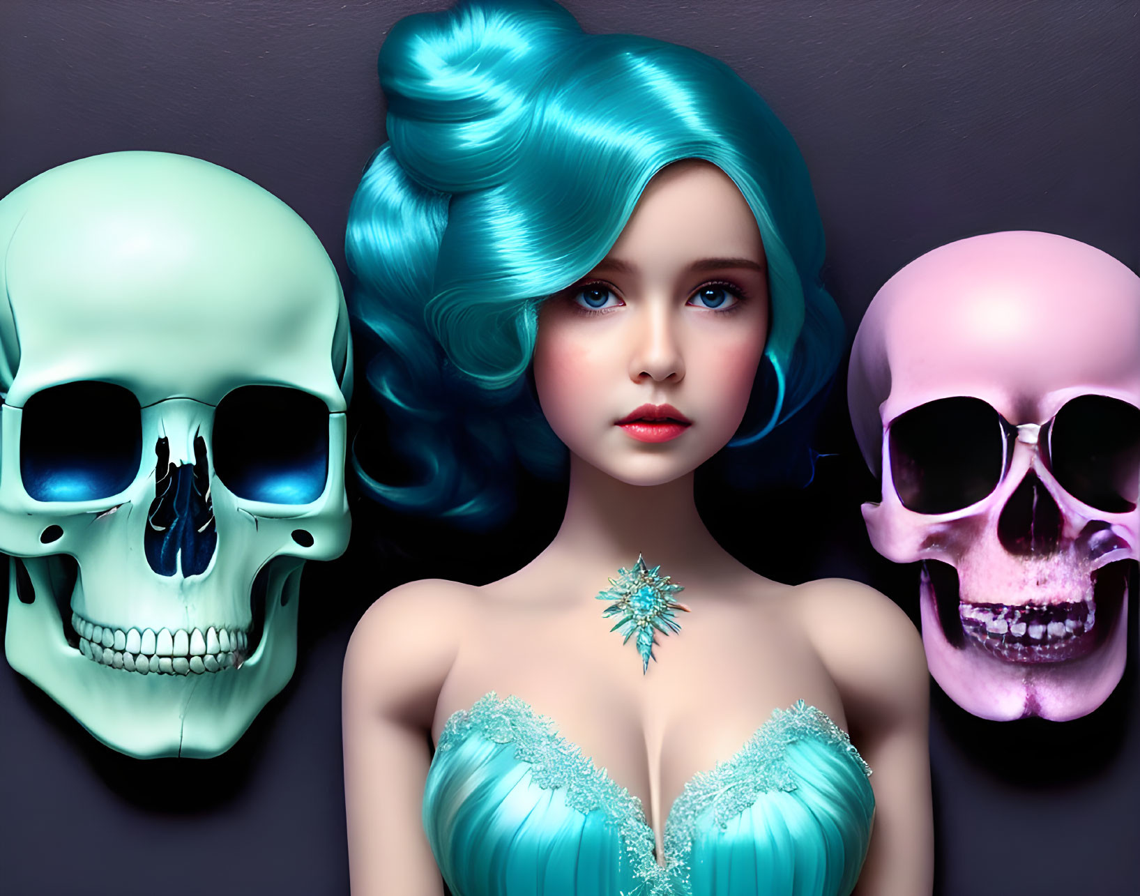 Colorful digital artwork: Woman with blue hair, turquoise dress, flanked by teal and pink skulls