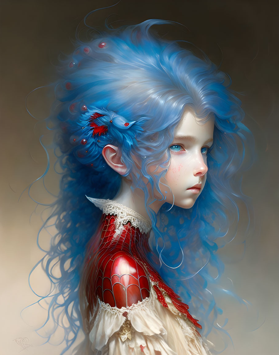 Vibrant Blue Hair Girl Portrait with Red Accents