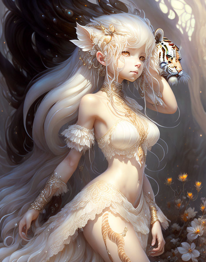 Fantasy illustration of female elf with tiger in ornate attire among luminescent flowers