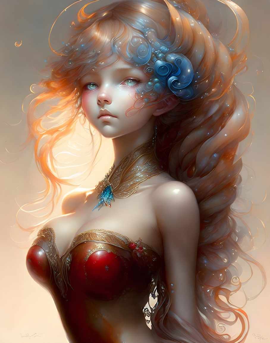 Ethereal digital artwork of female figure with flowing hair and intricate blue accessories