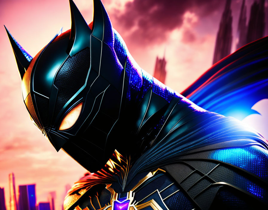 Black Panther in dynamic pose against vibrant sunset and futuristic cityscape