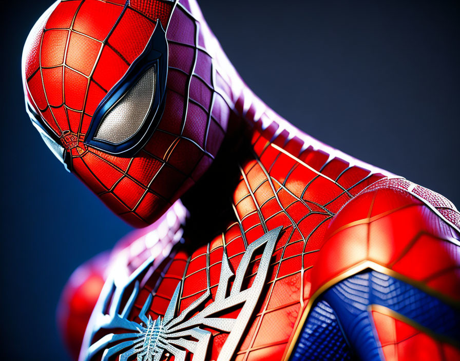 Detailed Spider-Man Costume: Vibrant Colors, Spider Emblem, Dark Background