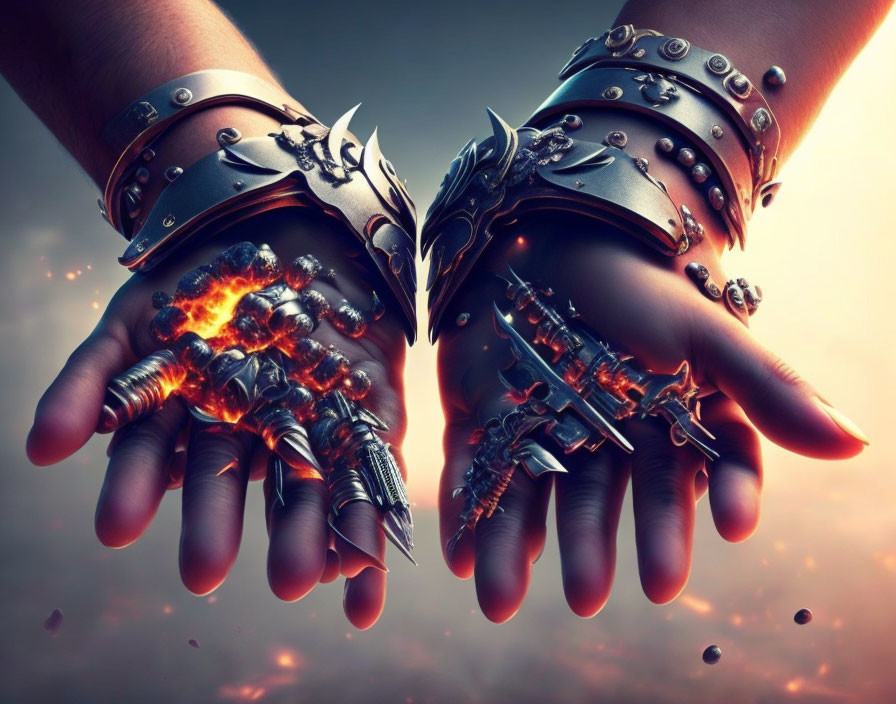 Medieval fantasy-style gauntlets with swirling orange magical energy.