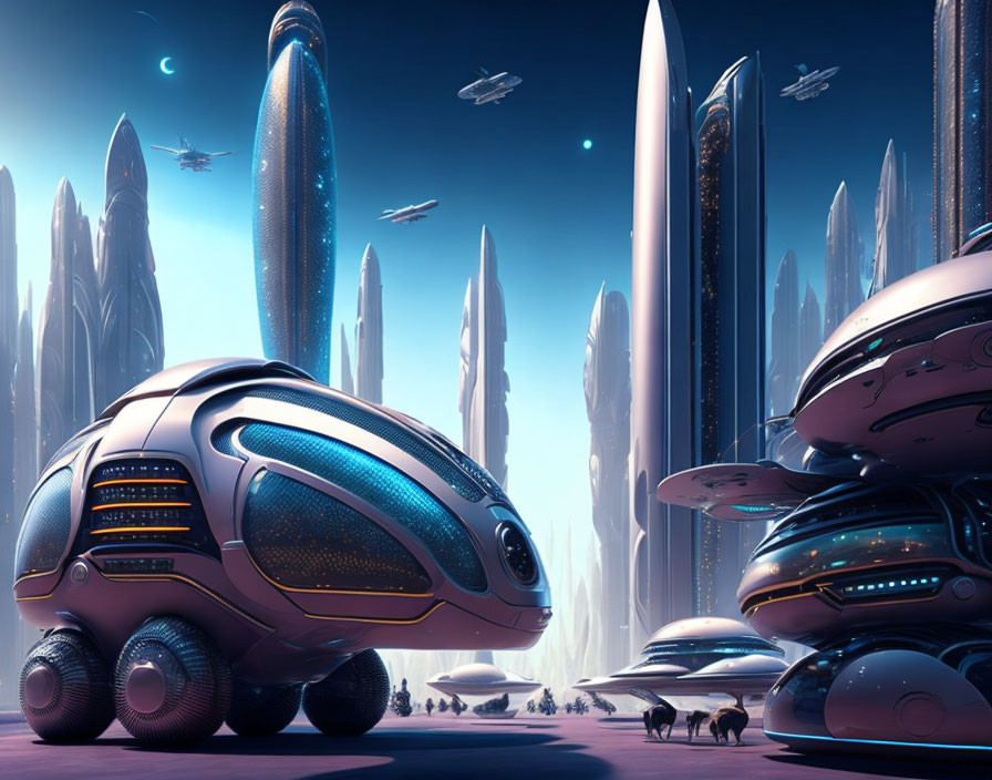 Futuristic cityscape with sleek buildings and flying vehicles