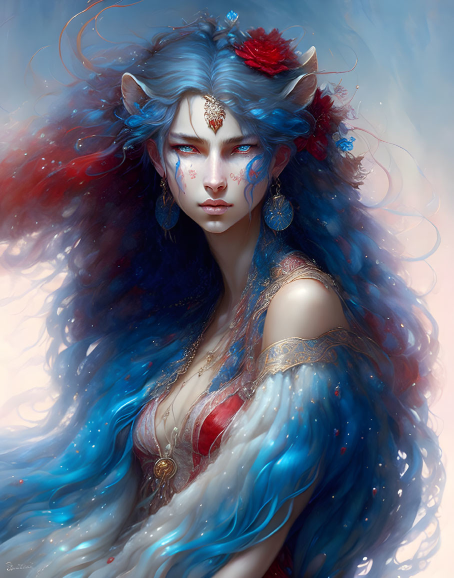 Fantasy character with blue hair and fur, red flowers, gold adornments