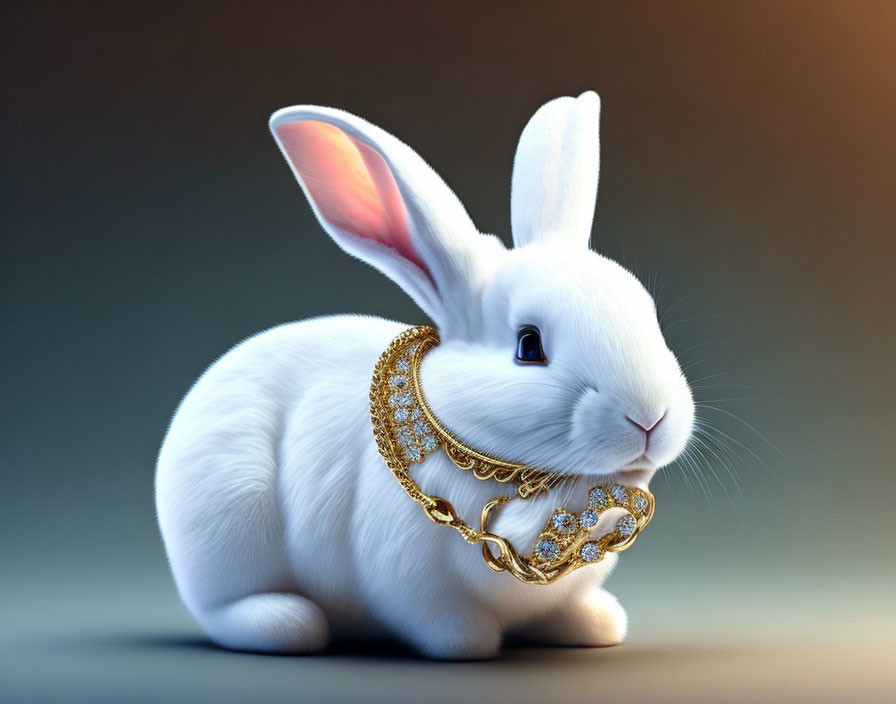 White Rabbit Wearing Golden Necklace on Warm Background