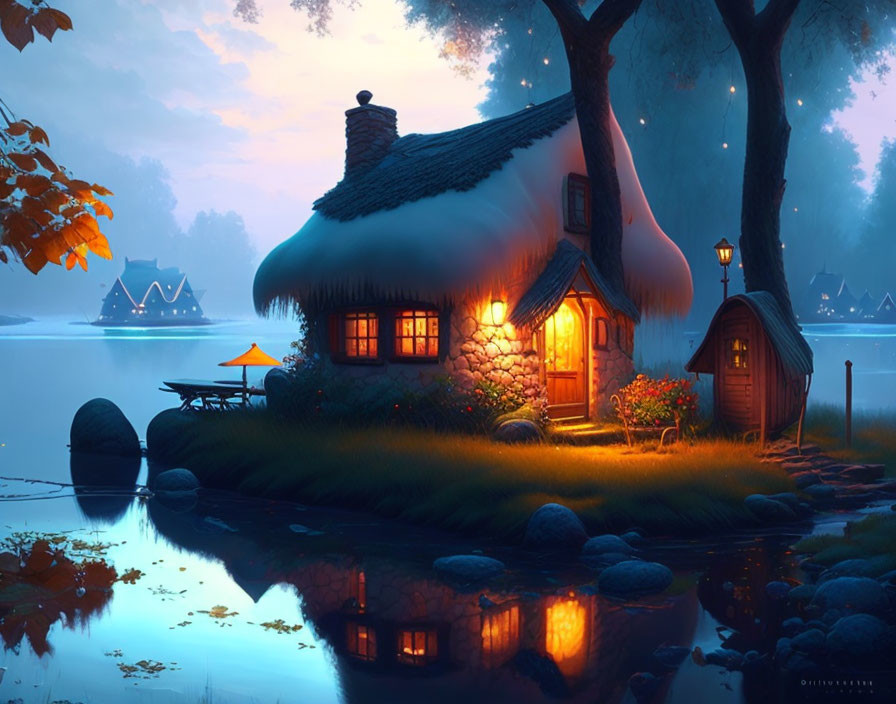 Thatched roof cottage by tranquil lake at dusk