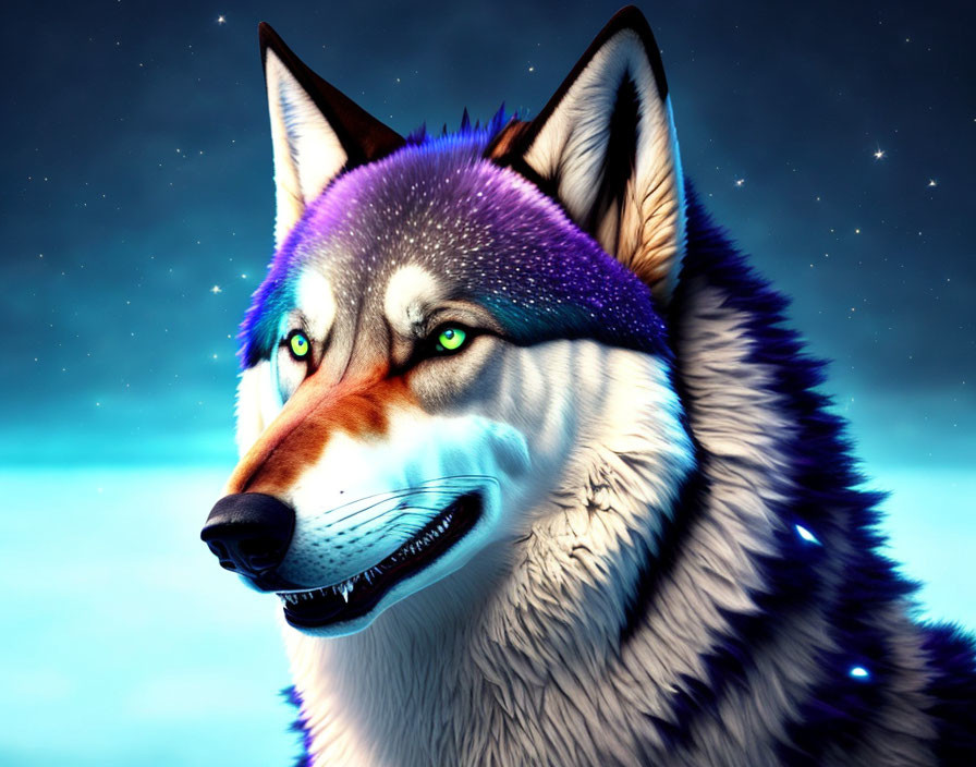 Multicolored anthropomorphic wolf in starry night sky portrait