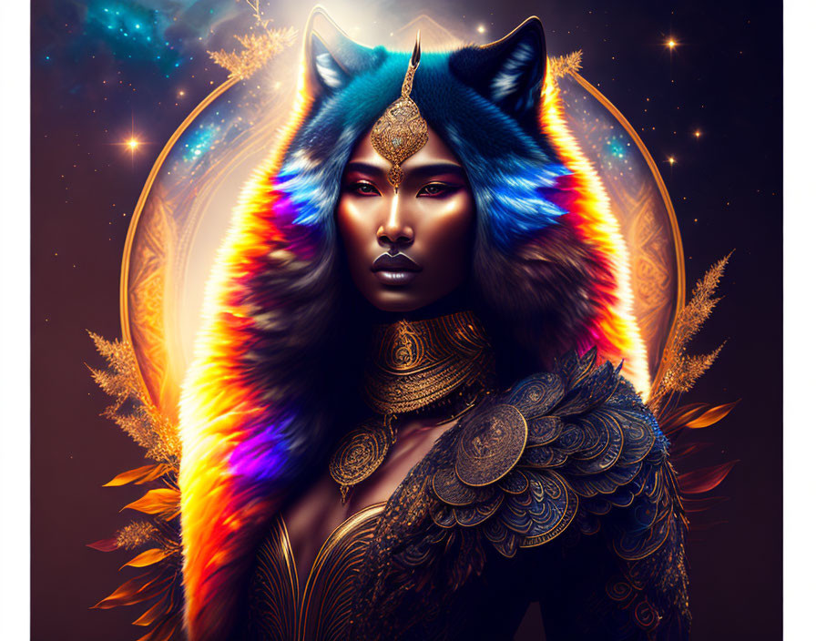 Colorful artwork: Woman with wolf head, golden armor, starry background