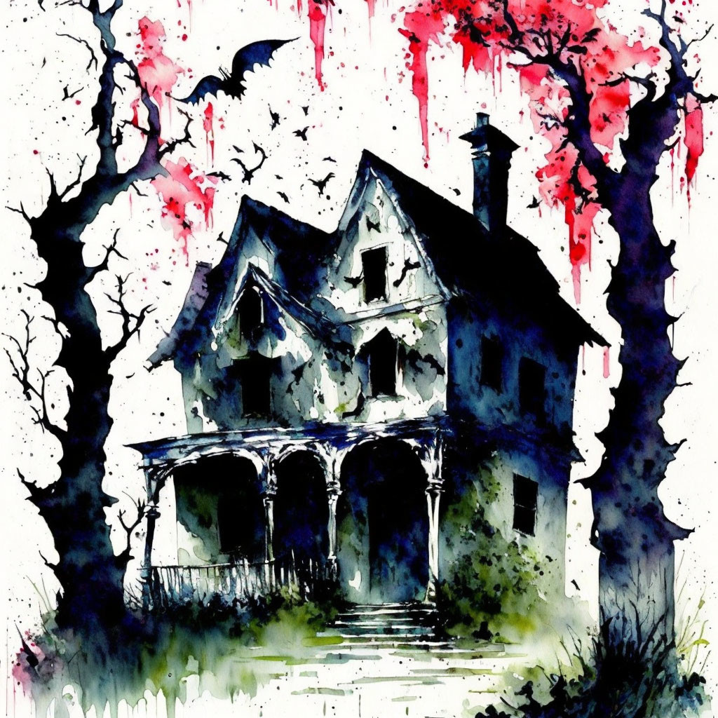 Gothic-style house watercolor painting with dark facade and eerie red splashes