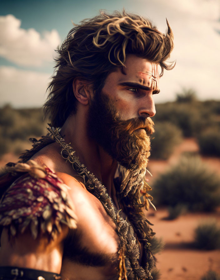 Bearded Man in Fur Shoulder Piece Contemplates Desert Landscape