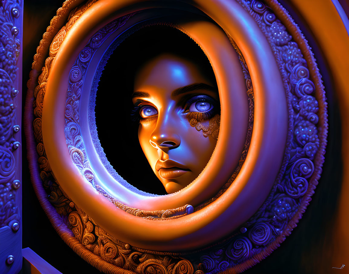 Surreal portrait of woman's face with circular ornate patterns in orange and blue