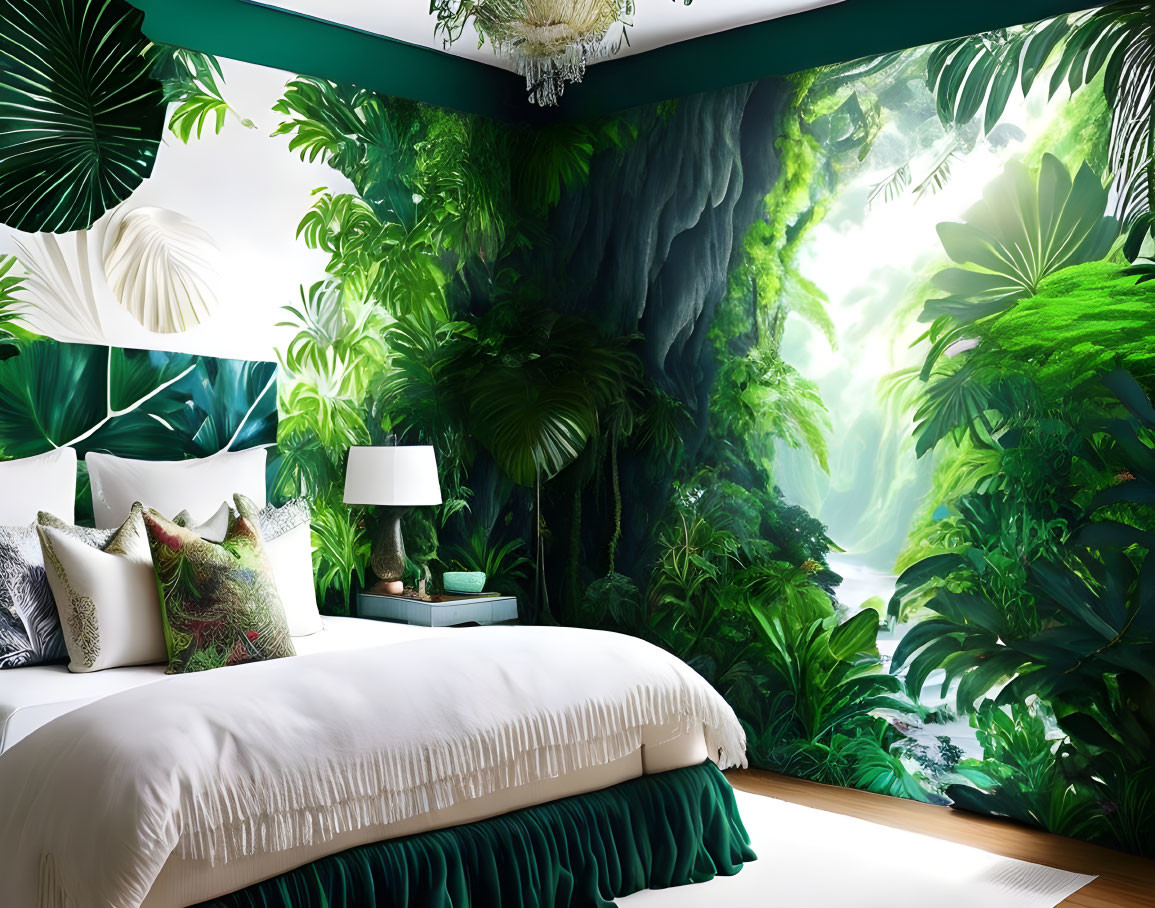 Vibrant tropical forest-themed bedroom with lush green accents