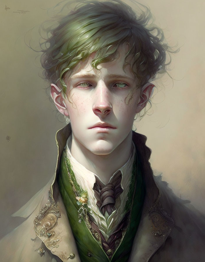 Portrait of young person with green-tinted hair and regal outfit