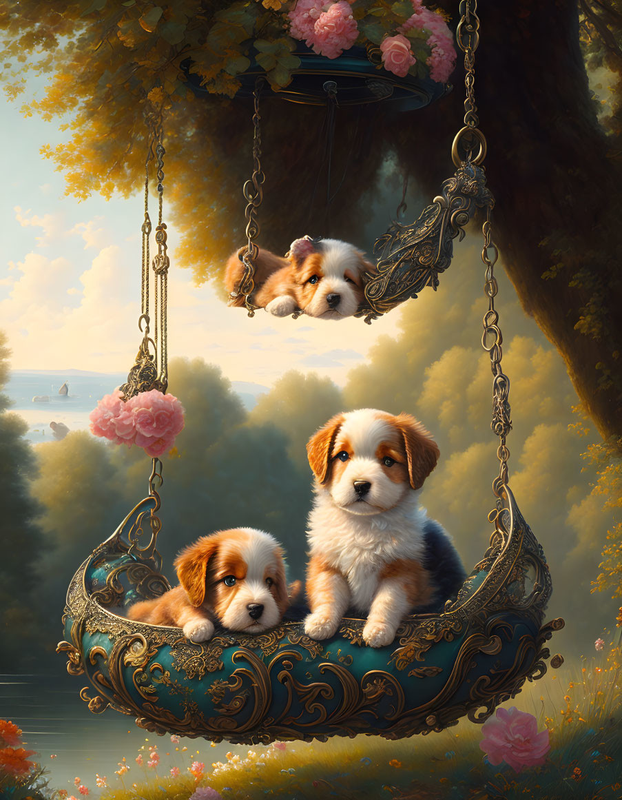 Adorable puppies relaxing on vintage swing in lush nature scene