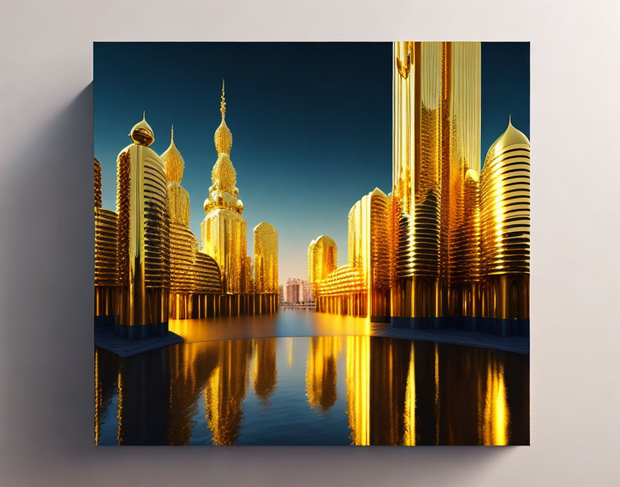 Futuristic golden cityscape canvas print with skyscrapers and twilight sky