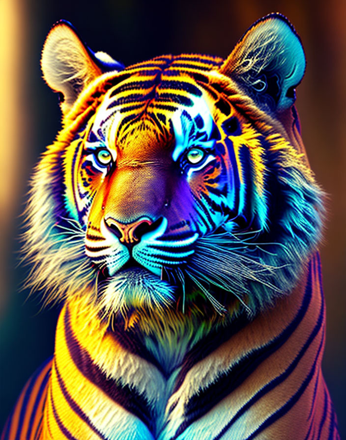 Colorful Digital Artwork: Tiger in Neon Blues, Purples, Oranges, and Y